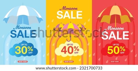 Monsoon season sale. 3 types of posters. Vector illustration.