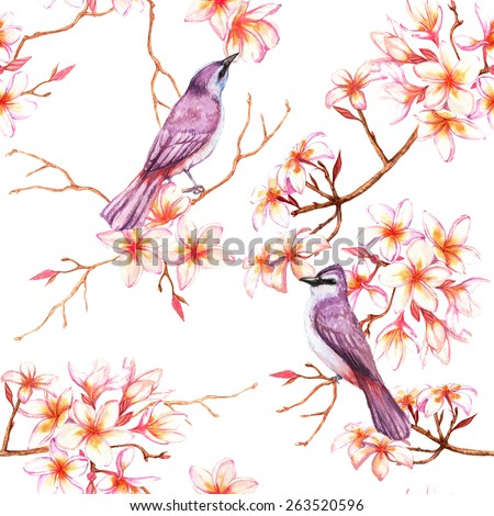 Watercolor hand drawn seamless pattern with tropical summer flowers of plumeria and exotic violet birds