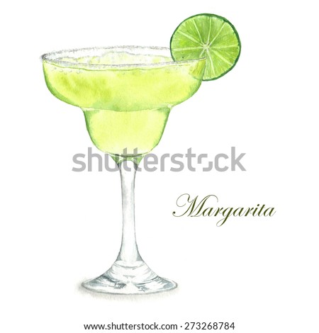 Hand drawn watercolor illustration of summer fresh cocktail Margarita. Isolated on the white background, in vector