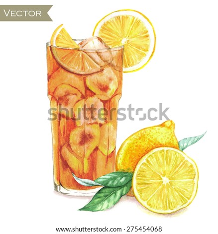 Hand drawn watercolor illustration of fresh ice tea with yellow lemons isolated on the white background