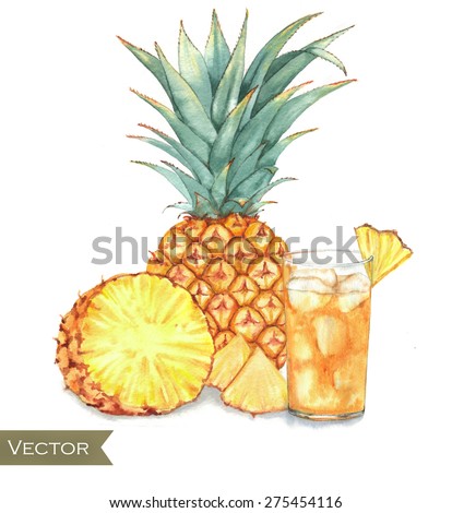 Hand drawn watercolor illustration of fresh ice juice with yellow pineapple isolated on the white background