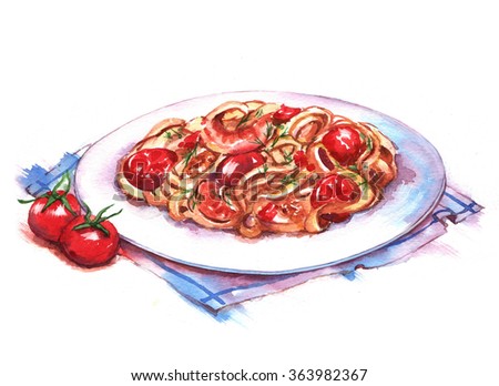 Hand-drawn watercolor illustration of the pasta on the plate. Isolated drawing of the national Italian food. Pasta with shrimps and tomatoes.