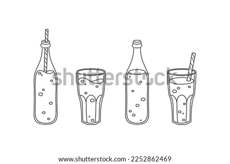 Set of cute hand drawn soft soda drink bottles and glasses. Vector line illustration. Collection of graphic elements for packaging, print, card, fabric, label, wallpaper, textile, wrapping paper, gift