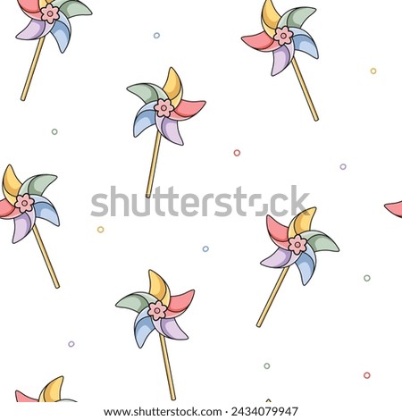 Seamless vector pattern with cute hand drawn pinwheels. Fun design. Kawaii summer theme kids background for print, wrapping paper, textile, fabric, wallpaper, gift, card, packaging, apparel.