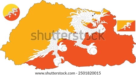 Bhutan map flag and coat of arms on a white background