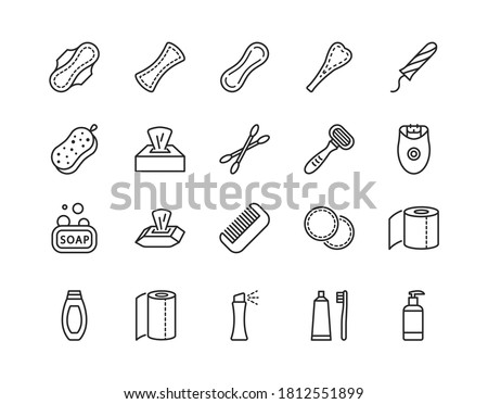 Personal hygiene products flat line icon set. Vector illustration sanitary pads, soap, washcloth cotton pads toothbrush napkin razor. Editable strokes Stockfoto © 
