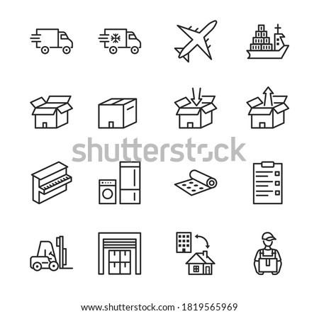 Transport company flat line icon set. Vector illustration moving company. Transportation of cargo. Worldwide delivery. Editable strokes