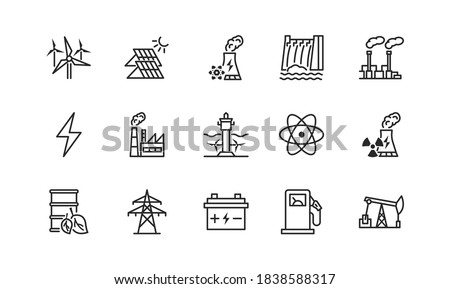 Power plant flat line icons set. Energy generation station. Vector illustration alternative renewable energy sources included solar, wind, hydro, tidal, geothermal and biomass Editable strokes