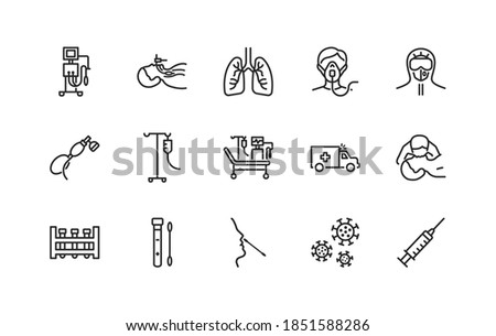 Artificial lung ventilation flat line icons set blue color. Vector illustration coronavirus test and medical equipment for covid-19. Nasal swab laboratory test, icu, oxygen mask, mouth-to-mouth resusc