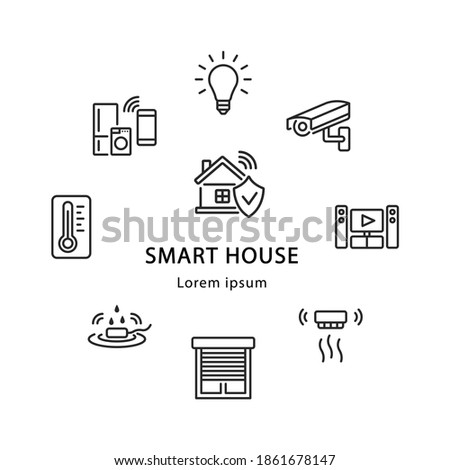 Smart home circle banner with flat line icons. Vector illustration template of smart home system advertising. In the center, you can write any text.