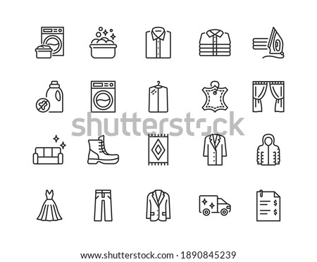 Dry cleaning flat line icon set. Laundry service symbol. Editable strokes.