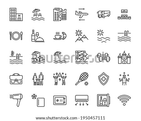 Travel agency flat line icon set. Vector illustration tourism service symbols included, flight, transfer, food, insurance. Editable strokes