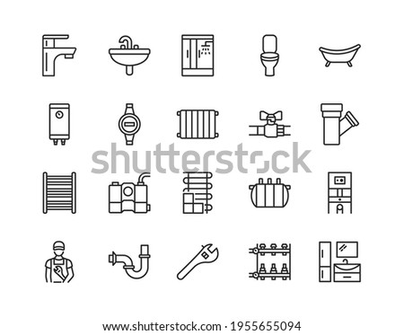 Plumbing flat line icon set. Vector illustration water supply, sewerage, heating, engineering plumbing. Editable strokes