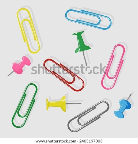 Multi-colored paper clips and buttons lie on a light background. Vector illustration.