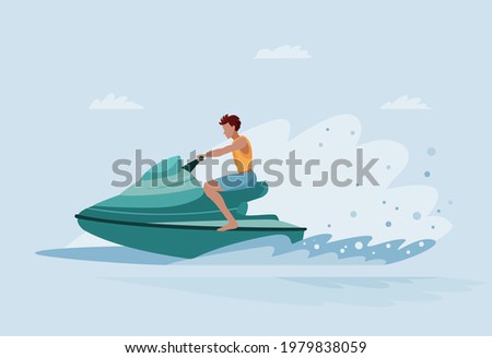 Young man rides water boat scooter on sea waves. Concept of entertaining water sport. Vector illustration in flat style