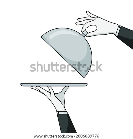 Elegant waiter hands holding silver serving tray and lid cover cloche for food. Vector flat cartoon illustration Photo stock © 
