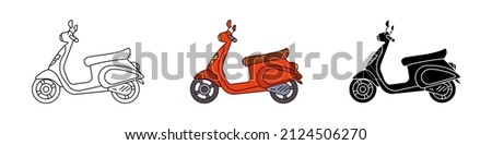 Simple flat icons of european retro scooter. Outline, colourful and silhouette vector illustration