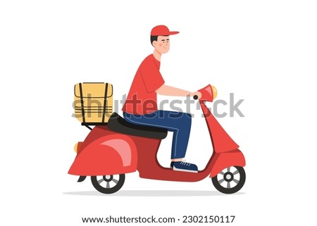 Delivery guy rides on red scooter. Vector flat illustration on white background