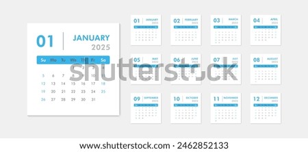 Monthly calendar template for 2025 year. Week starts on Sunday. Desk  or wall calendar in minimal style