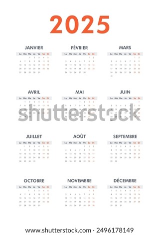 Vertical modern classic calendar for 2025 on French language. Week starts on Monday. Desk or wall calendar in minimalist style