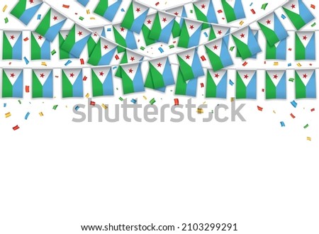 Djibouti flag garland white background with confetti, Hang bunting for Djibouti Independence Day celebration template banner, Vector illustration