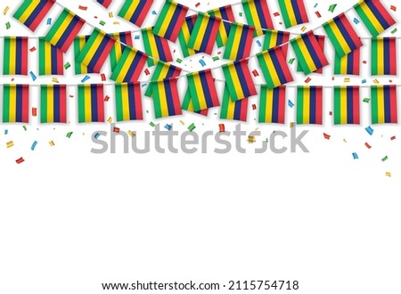 Mauritius flags garland white background with confetti, Hang bunting for independence Day celebration template banner, Vector illustration