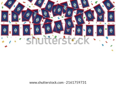 Guam flag garland white background with confetti, Hang bunting for independence Day celebration template banner, Vector illustration