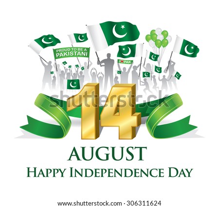 Green ribbon with Silhouette Pakistani citizen celebrating 14th August Happy Independence day with waving flag & balloon, vector illustration