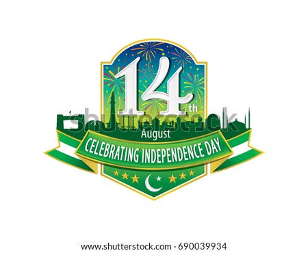 14th August Celebrating Independence Day Logo, Typographic emblems & badge with grey background, Vector illustration