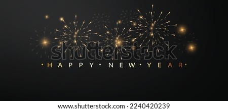 Night Sky firework background. Happy New Year 2023 Vector background. HD wallpaper design EPS 10 design. Black background with golden text effect and golden fireworks