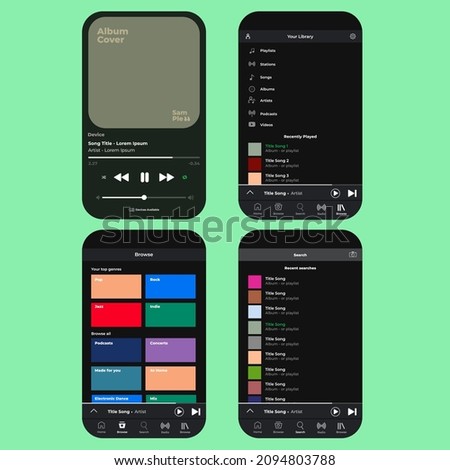 Daily music display: Full package. Spotify template. Iphone and android. Apple. Google Music. SoundCloud. YouTube Music. UI. UX. User interface user experience.