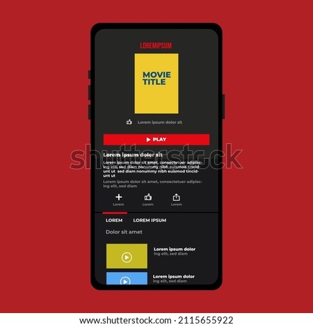 Vector Illustration Video App Template On Smartphone Screen. Netflix on iphone and android (smartphone). Video player. Film, movie. UI. UX. User interface user experience.