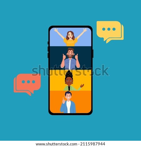 Video call conference, working from home, social distancing, business discussion. People talking on video conference. Smartphone, friend, chat flat vector illustration. Zoom. Google Meet. Webex.