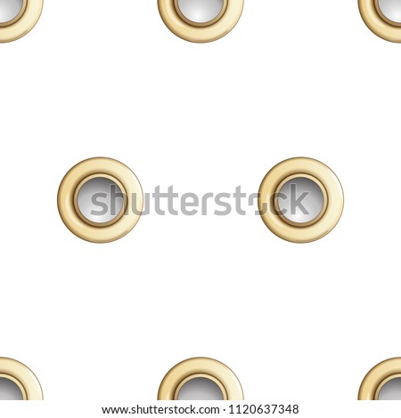 Golden eyelet seamless pattern isolated on white background. Metal polka dot with hole imitation. Vector repaet wallpaper with gold rings, fashion textile print, abstract geometric backdrop.