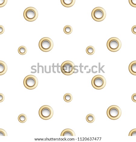 Golden eyelet seamless pattern isolated on white background. Metal polka dot with hole imitation. Vector repaet wallpaper with gold rings, fashion textile print, abstract geometric backdrop.