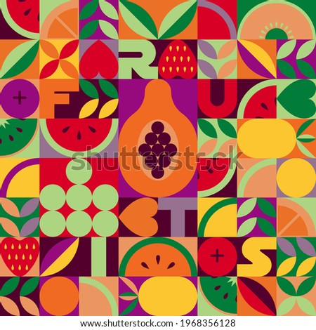 Vintage retro fruit vector seamless pattern. Abstract geometric shape ornament with leaves, fruits and berries. Modern stylish background for home and textile print, tile, wallpaper and wrapping