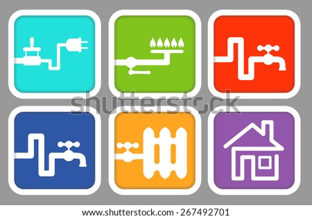 Utility icons: electricity, gas, cold water, hot water, heating and house. Vector illustration for signs, icons, logotypes, web and graphic design