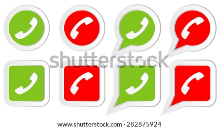 Set of Icons with phone handset in rounds, squares  and speech bubbles. Vector illustration for web design, icons, signs, stickers etc