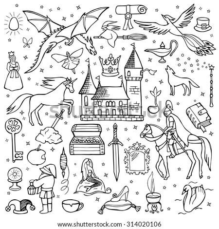 Hand drawn doodle fairy tale set. Vector illustration for textile prints, web and graphic design, covers, posters