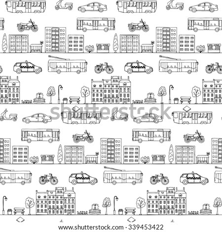 Seamless pattern with hand drawn city street elements. Vector illustration of urban transportation doodles for backgrounds, card, posters, textile prints, covers, fliers