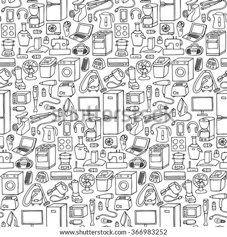 Household appliances hand drawn seamless pattern. Vector illustration of doodle seamless household appliances element