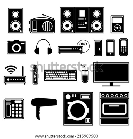 Electronic and electric appliances and devices. Black icons.