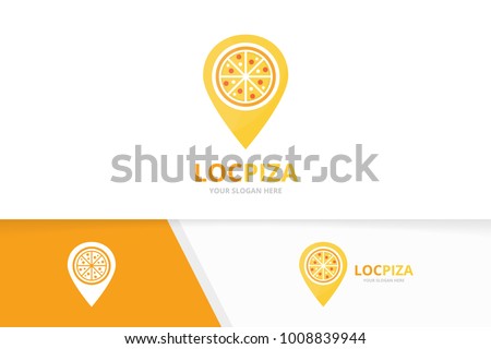 Vector pizza and map pointer logo combination. Food and gps locator symbol or icon. Unique pizzeria and pin logotype design template.