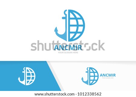 Vector anchor and planet logo combination. Marine and world symbol or icon. Unique navy and globe logotype design template.