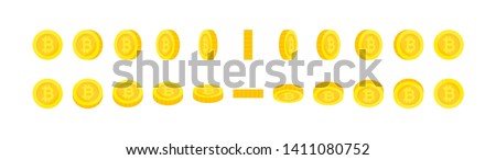 Set of vertical and horizontal rotation gold bitcoin coins. Cryptocurrency, digital money sprites for animation. Vector illustration for game design