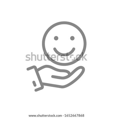 Hand holds happy emoji, good mood line icon. Share positive emotions symbol