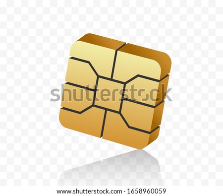 3D style EMV microchip. Nfc technology for secure contactless payments. Golden SIM card chip.