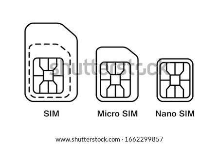 Mobile sim card type icons. Normal, Mini, Nano - phone card symbol set.