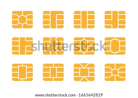 EMV chip icon set. Nfc chip for credit card security. Digital bank payment symbol.