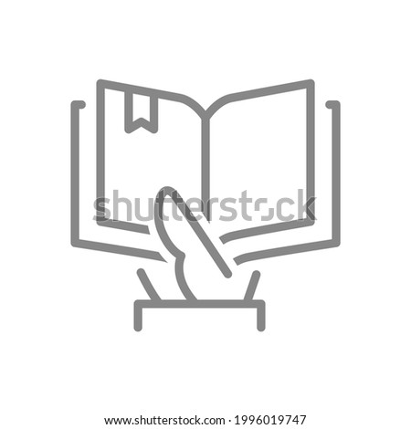 Hand holds a open book line icon. Reading, college education symbol